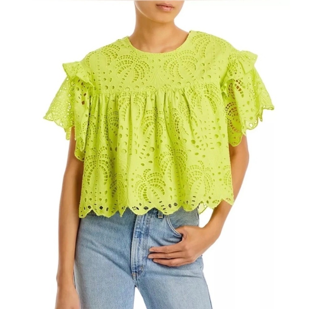 Farm Rio Palm Tree Richelieu Cotton Eyelet Blouse Neon Lime Green XS NWT